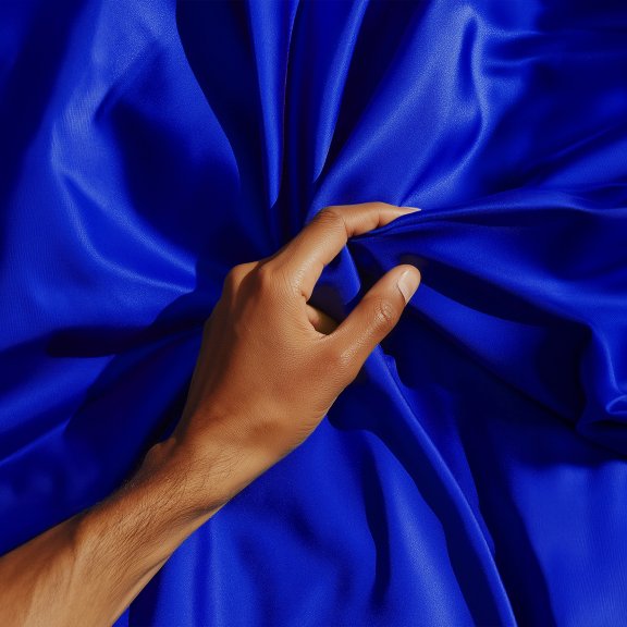 Image of a hand touching blue fabric